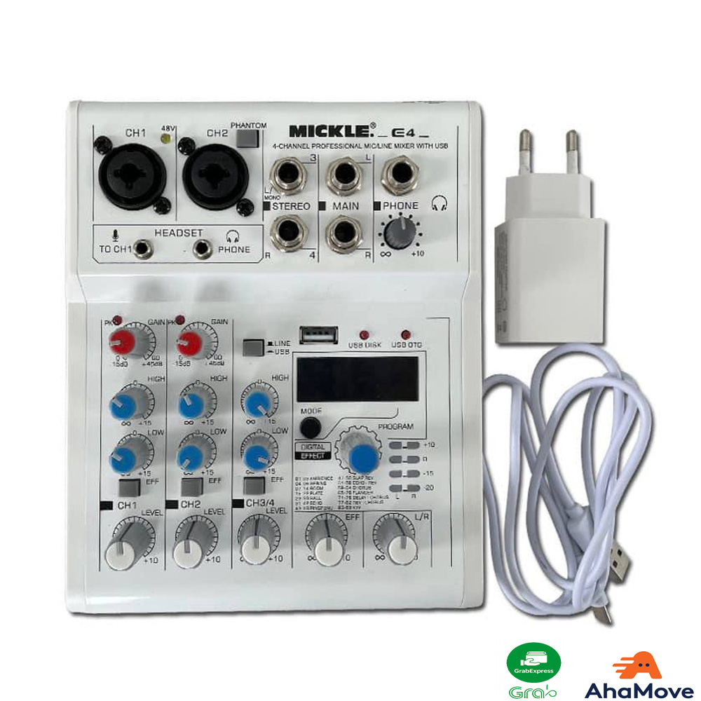 Mixer MICKLE E4, Tích Hợp 88 Hiệu Ứng Reverb, Livetream Thu Âm Chuyên Nghiệp, 2 Cổng Micro XLR, 2 Cổng Phantom 48V