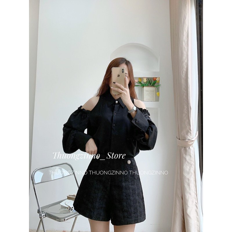 [Ảnh thật/Video] Áo sơ mi khoét vai thiết kế cúc ngọc tay bồng tiểu thư