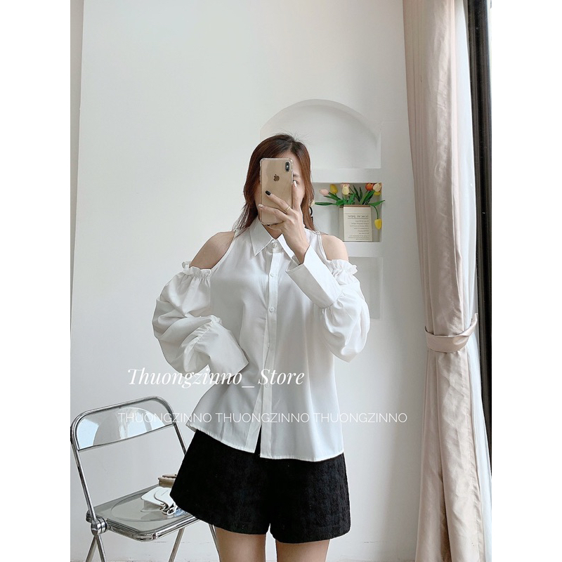 [Ảnh thật/Video] Áo sơ mi khoét vai thiết kế cúc ngọc tay bồng tiểu thư