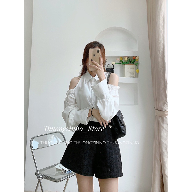 [Ảnh thật/Video] Áo sơ mi khoét vai thiết kế cúc ngọc tay bồng tiểu thư
