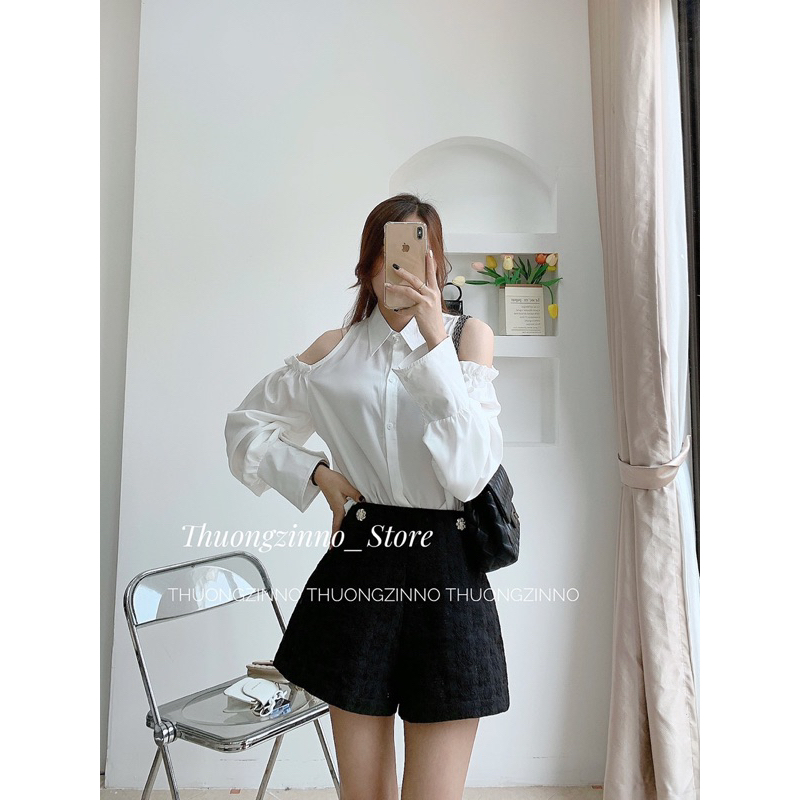[Ảnh thật/Video] Áo sơ mi khoét vai thiết kế cúc ngọc tay bồng tiểu thư