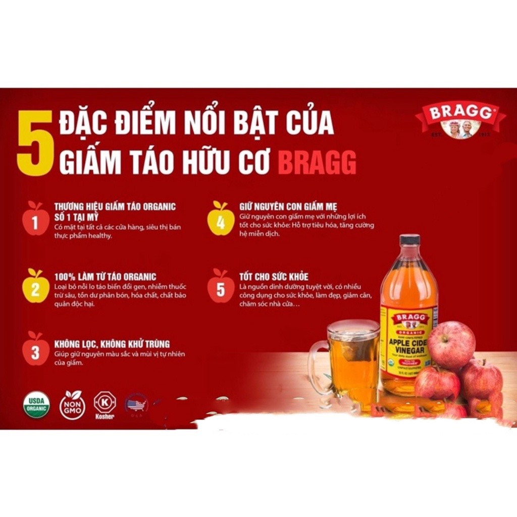 Giấm Táo Hữu Cơ Bragg - Hàng Mỹ