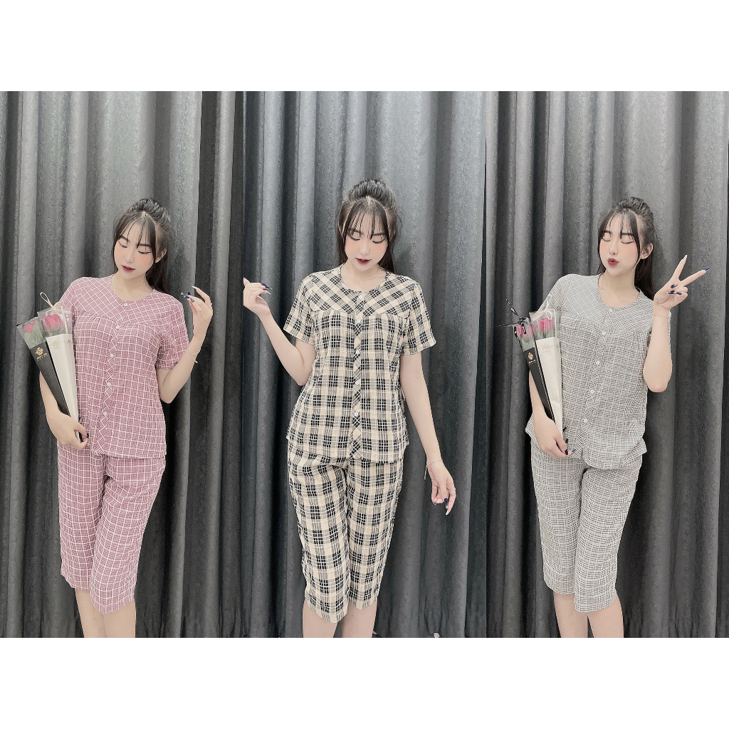 Bộ Kẻ Caro Nữ,Bộ Mặc Nhà Sau Sinh Đồ Bộ Vải Mát,Chất Kẻ Thô Mềm Mịn,Không Nhăn,Không Nhàu,Quần Có Túi sâu,Phom Rộng