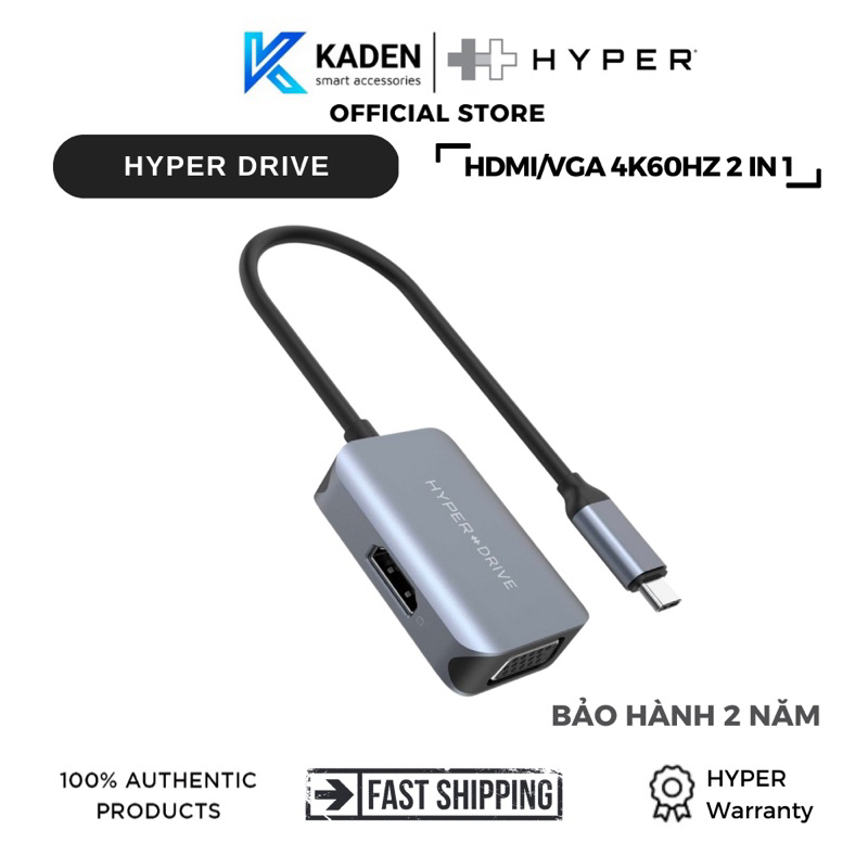Cổng Chuyển HyperDrive Hdmi/Vga 4K60Hz 2 In 1 Usb-C Hub Gray-HD-C2HV-Hàng Chính Hãng