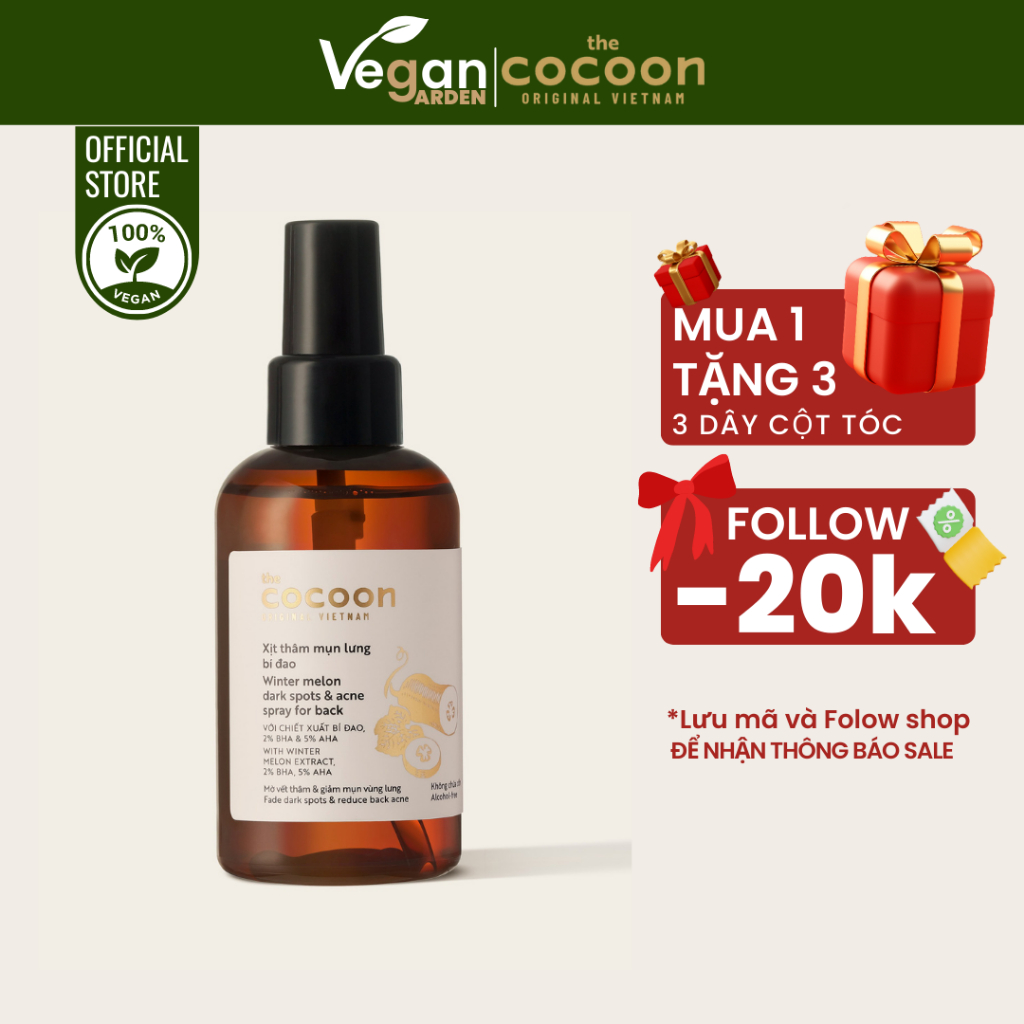 Xịt thâm mụn lưng bí đao Cocoon 140ml làm sạch và ngăn ngừa mụn - Thuần Chay Vegan Garden