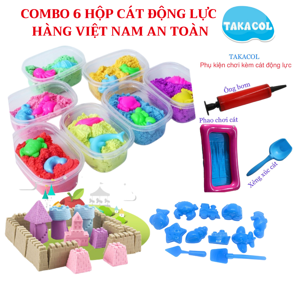 Combo 6 Hộp Cát động lực an toàn Takacol - Hàng Việt Nam an toàn cho bé KÈM Bể chơi cát, khuôn chơi, bơm xẻng