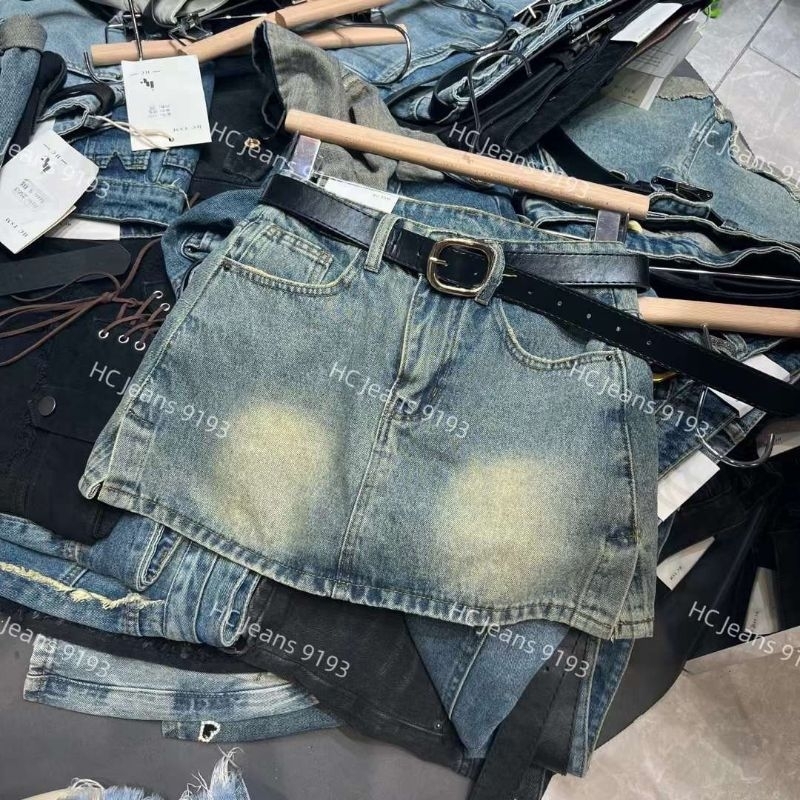 Chân váy jeans ngắn xẻ 2 bên kèm đai hàng QCL1