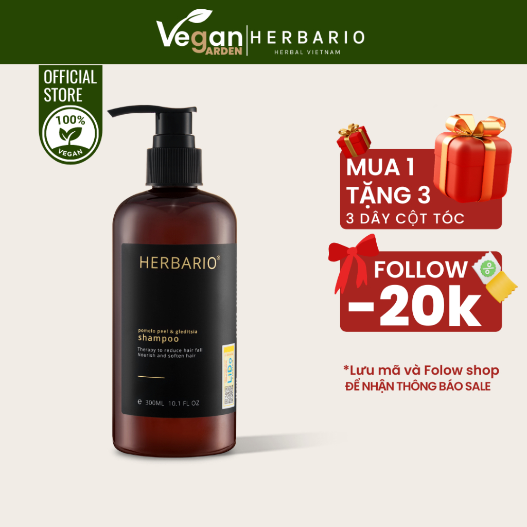 Dầu gội vỏ bưởi & bồ kết Herbario 300ml phục hồi tóc, giảm rụng tóc, giúp tóc chắc khỏe - Thuần Chay Vegan Garden