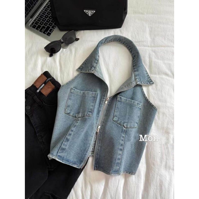 Áo jeans cổ yếm hở lưng hàng QC