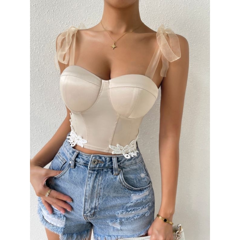 Áo tank top corset cúp ngực vải chiffon thắt nút ren cột dây sau lưng gợi cảm cho nữ 💜