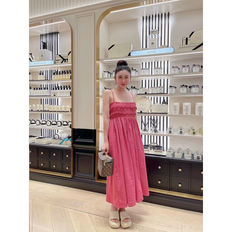 Đầm maxi hai dây nhúng thun bèo ngực dáng xoè