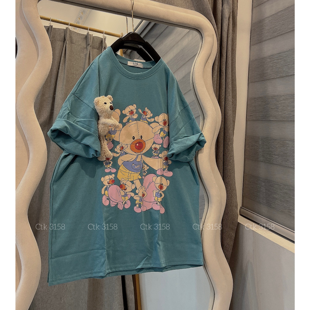 Áo Phông 3158 Kèm Gấu Chất Cotton Khô Cổ Tròn Dáng Rộng Gắn Gấu In Hình Bigsize - Áo Thun Tay Lỡ Nam Nữ