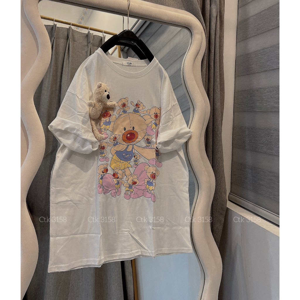 Áo Phông 3158 Kèm Gấu Chất Cotton Khô Cổ Tròn Dáng Rộng Gắn Gấu In Hình Bigsize - Áo Thun Tay Lỡ Nam Nữ