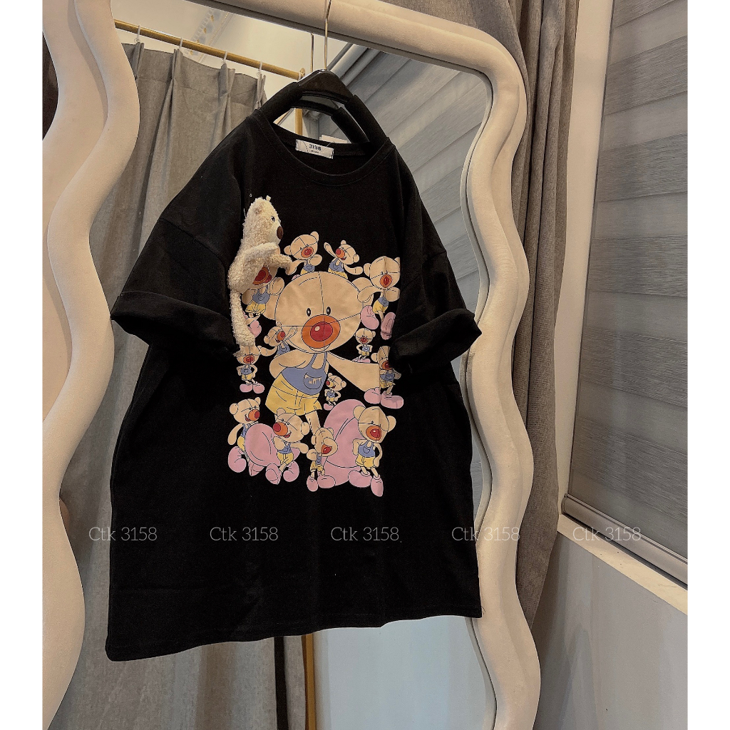 Áo Phông 3158 Kèm Gấu Chất Cotton Khô Cổ Tròn Dáng Rộng Gắn Gấu In Hình Bigsize - Áo Thun Tay Lỡ Nam Nữ