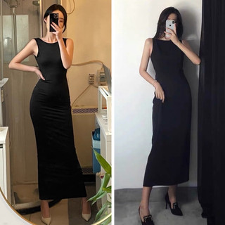 Váy body thun gân dáng dài cổ tròn sát nách - Đầm body sexy freesize dài váy 120cm