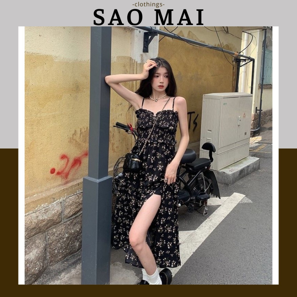 Đầm hoa nhí xẻ tà dáng dài xẻ vạt, váy hoa nhí mùa hè đi biển tiểu thư