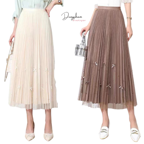 Chân váy von nơ đính ngọc xếp ly ten 2 lớp hàng Quảng Châu - Anna.Store