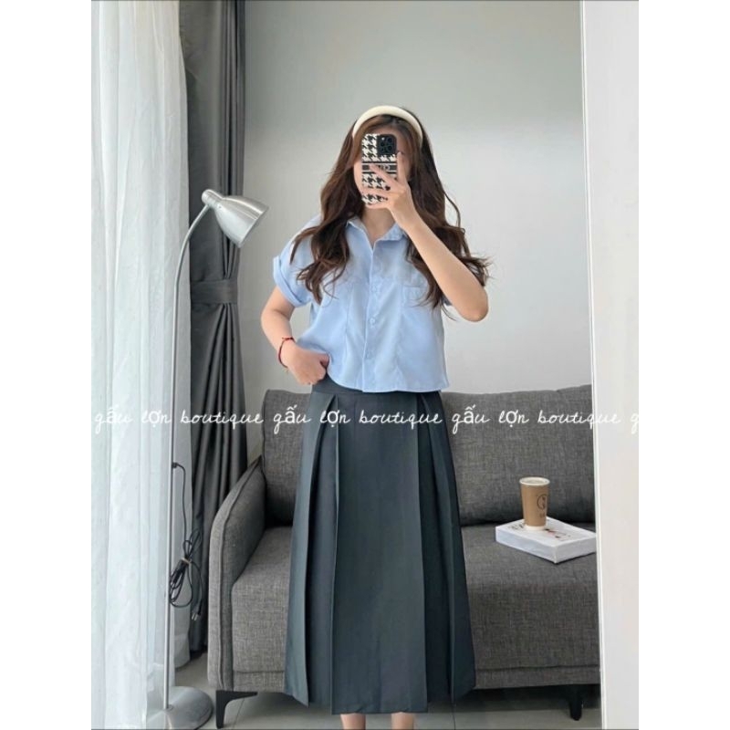 Áo sơ mi cộc tay dáng ngắn túi ngực hàn quốc