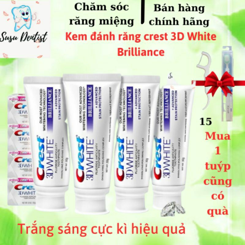 Kem đánh răng crest 3D White Brilliace trắng sáng, hương bạc hà tươi mát, đánh bay vết ố bẩn bề mặt răng