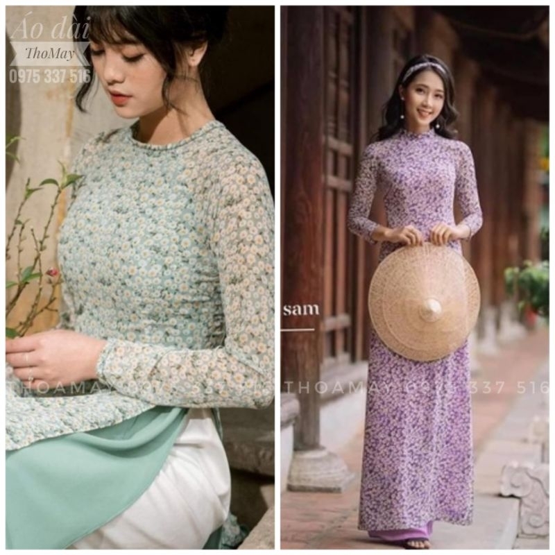 Áo dài 4 tà truyền thống Việt Nam chất liệu von hoa nhí xanh kèm quần lụa mềm mại,tặng quà
