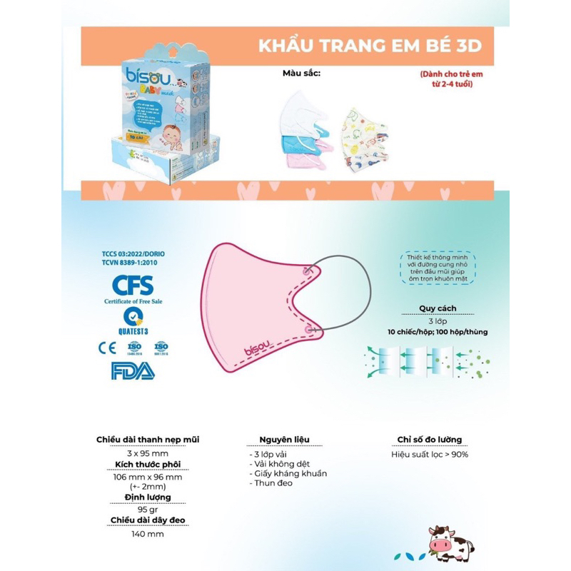 HỘP 10C KHẨU TRANG BABY MASK 3D BISOU CAO CẤP, AN TOÀN DÀNH CHO BÉ TỪ 1