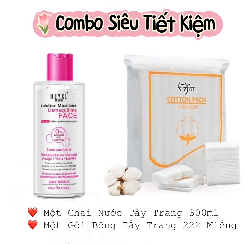 Combo Nước Tẩy Trang Heyxi 300ml Và Gói Bông Tẩy Trang 222 Miếng Giúp Làm Sạch Sâu Da Mặt