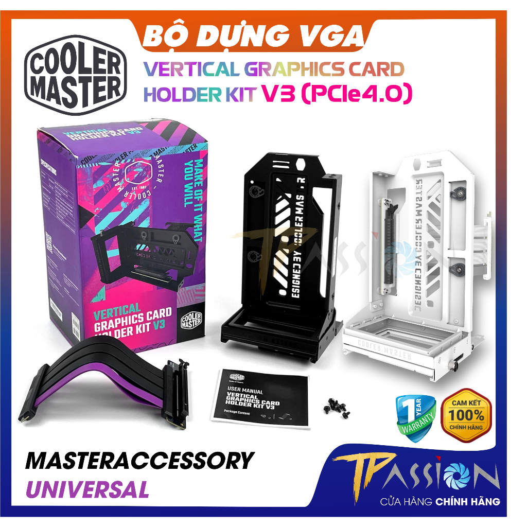 Bộ giá dựng VGA Cooler Master Vertical Graphics Card Holder Kit V3 PCIe 4.0 | Trắng -Chính Hãng, riser card màn hình GPU