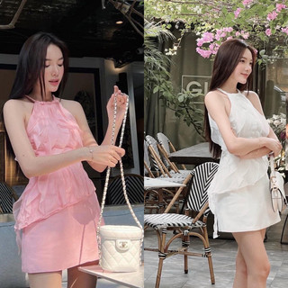 Set áo cổ yếm viền bèo hồng/trắng