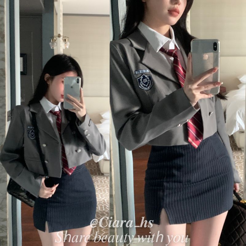 (B) Set Đồng phục nữ sinh Hàn Quốc Sơ mi Cà vạt Váy ôm Khoác vest màu xám xanh đỏ