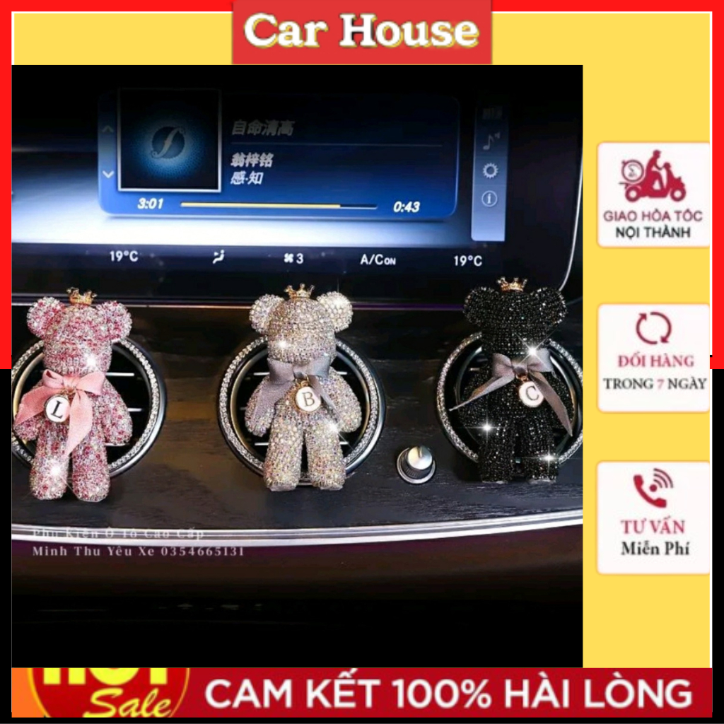 Sáp thơm cài cửa gió ô tô hình gấu Popobe đính đá phối nơ bản siêu cấp cực đẹp phụ kiện trang trí ô tô