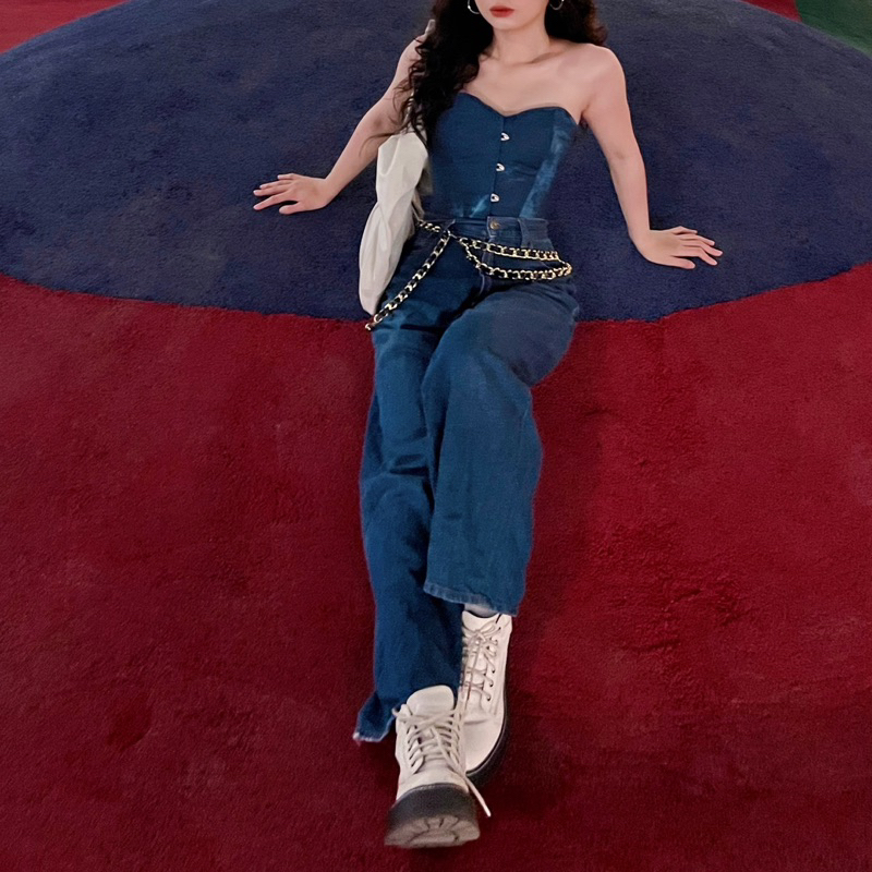 DENIM CORSET LOANG MÀU XANH ĐẬM RÚT DÂY SIẾT EO