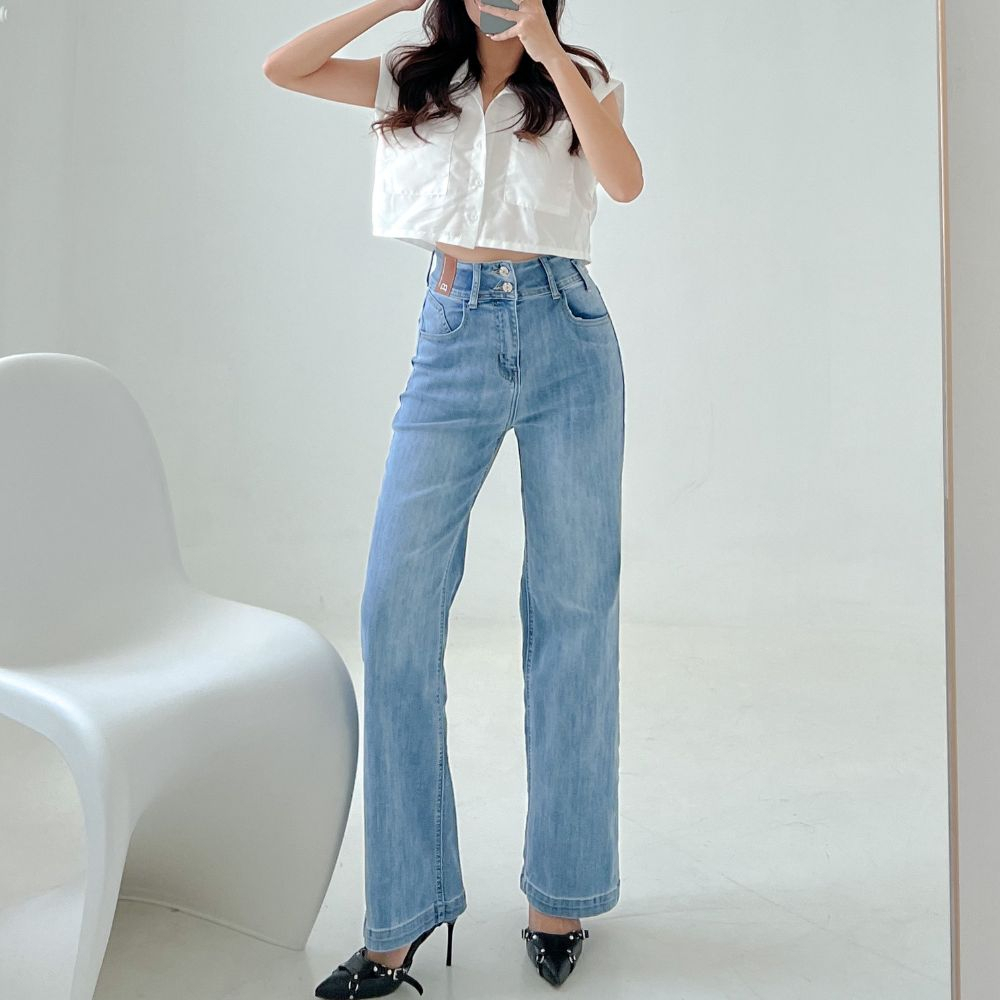 Quần jeans suông đứng dáng dài lưng cao 2 cúc đai lệch jeans mềm co giãn mẫu thiết kế mới nhất HQ104