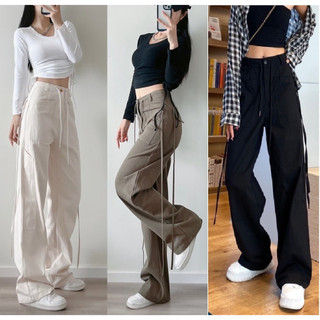 Quần baggy kaki nữ ống suông rộng rút dây túi kiểu
