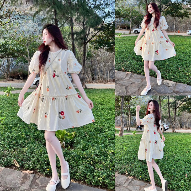 Đầm Váy Nữ Babydoll Tay Phồng Dập Ly Ngực Siêu Cute Dành Cho Các Nàng Diện Đi Chơi