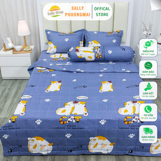 Bộ Ga Gối Cotton Poly Mẫu MÈO CÁT XANH