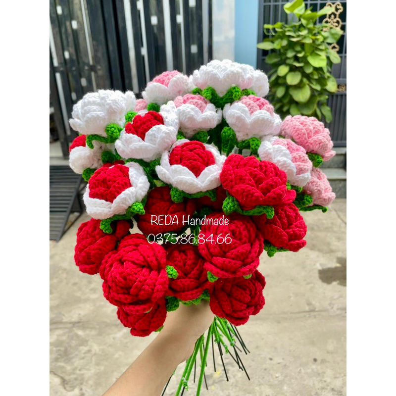 Hoa len handmade hoa hồng, hướng dương, mặt cười, tulip, lưu ly, hoa cúc, cẩm chướng