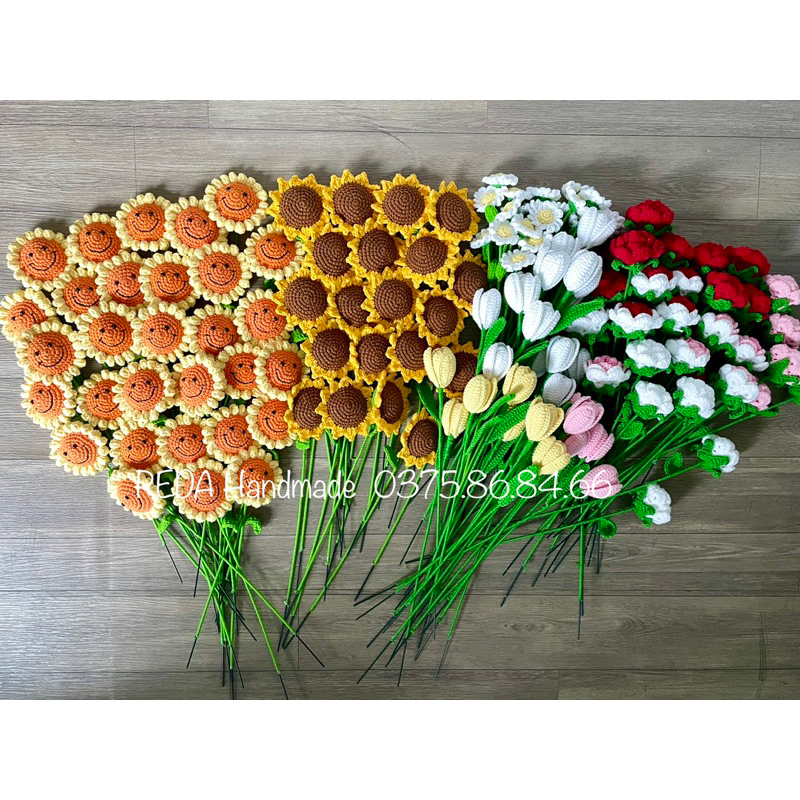 Hoa len handmade hoa hồng, hướng dương, mặt cười, tulip, lưu ly, hoa cúc, cẩm chướng