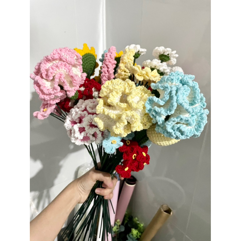 Hoa len handmade hoa hồng, hướng dương, mặt cười, tulip, lưu ly, hoa cúc, cẩm chướng
