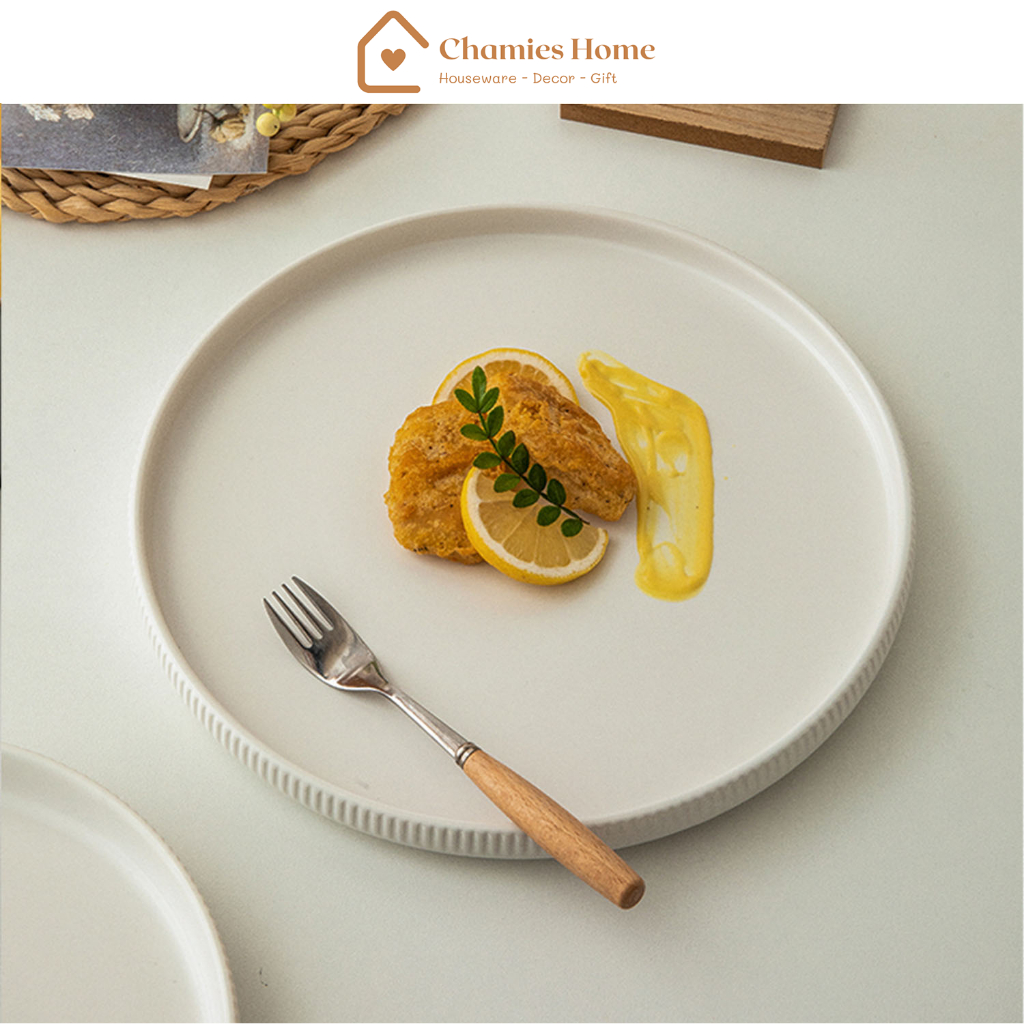Đĩa sứ tròn CHAMIES HOME màu trắng phong cách hiện đại đựng beaf steak