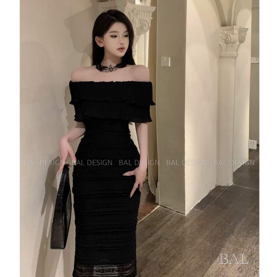 Váy đầm ren nữ midi ôm body trễ vai bèo 2 tầng thời trang thiết kế cao cấp đi dự tiệc cưới dạ hội sự kiện gợi cảm LEVAN