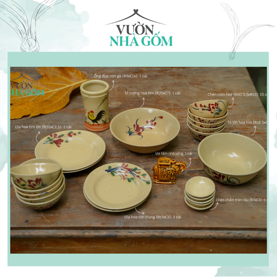 Set chén bát hoa tím, Set bàn ăn dành cho gia đình- Vườn Nhà Gốm