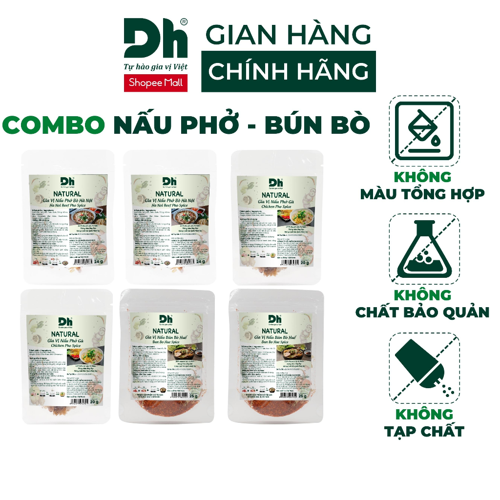 NEW Combo hộp gia vị nấu phở - bún bò Natural Dh Foods gồm 6 sản phẩm nấu phở bò Hà Nội, phở gà, bún bò Huế