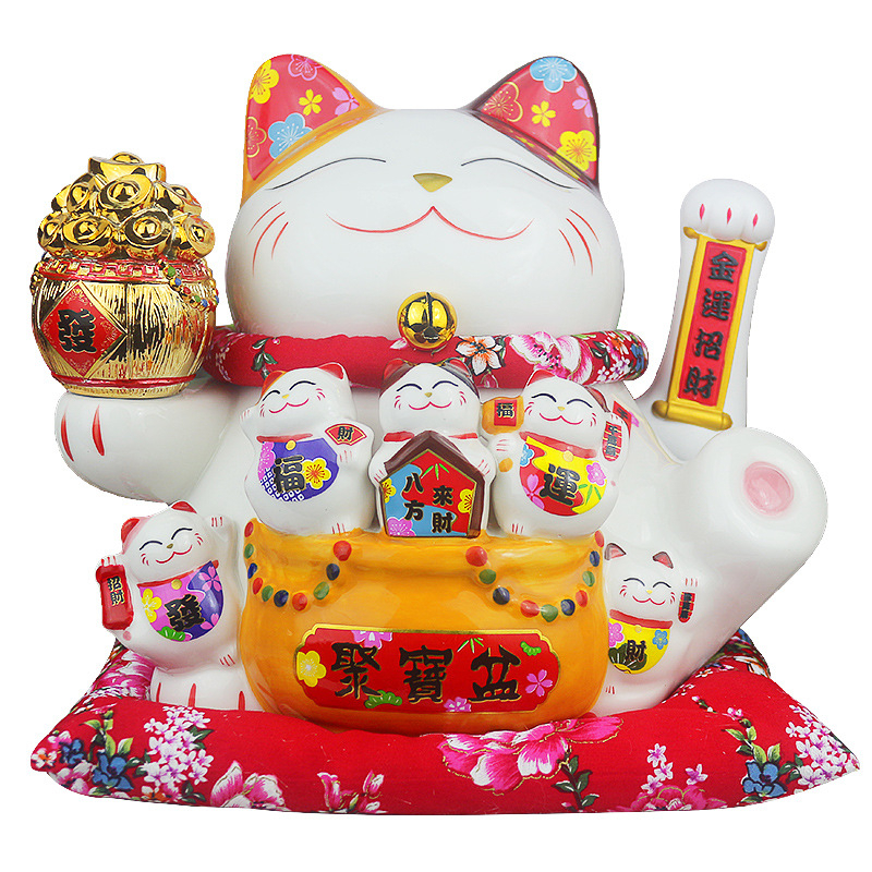 Mèo thần tài Gốm sứ Gosu cao cấp 25 cm vẫy tài lộc may mắn sang trọng (Kèm đệm đỏ và dây cắm)
