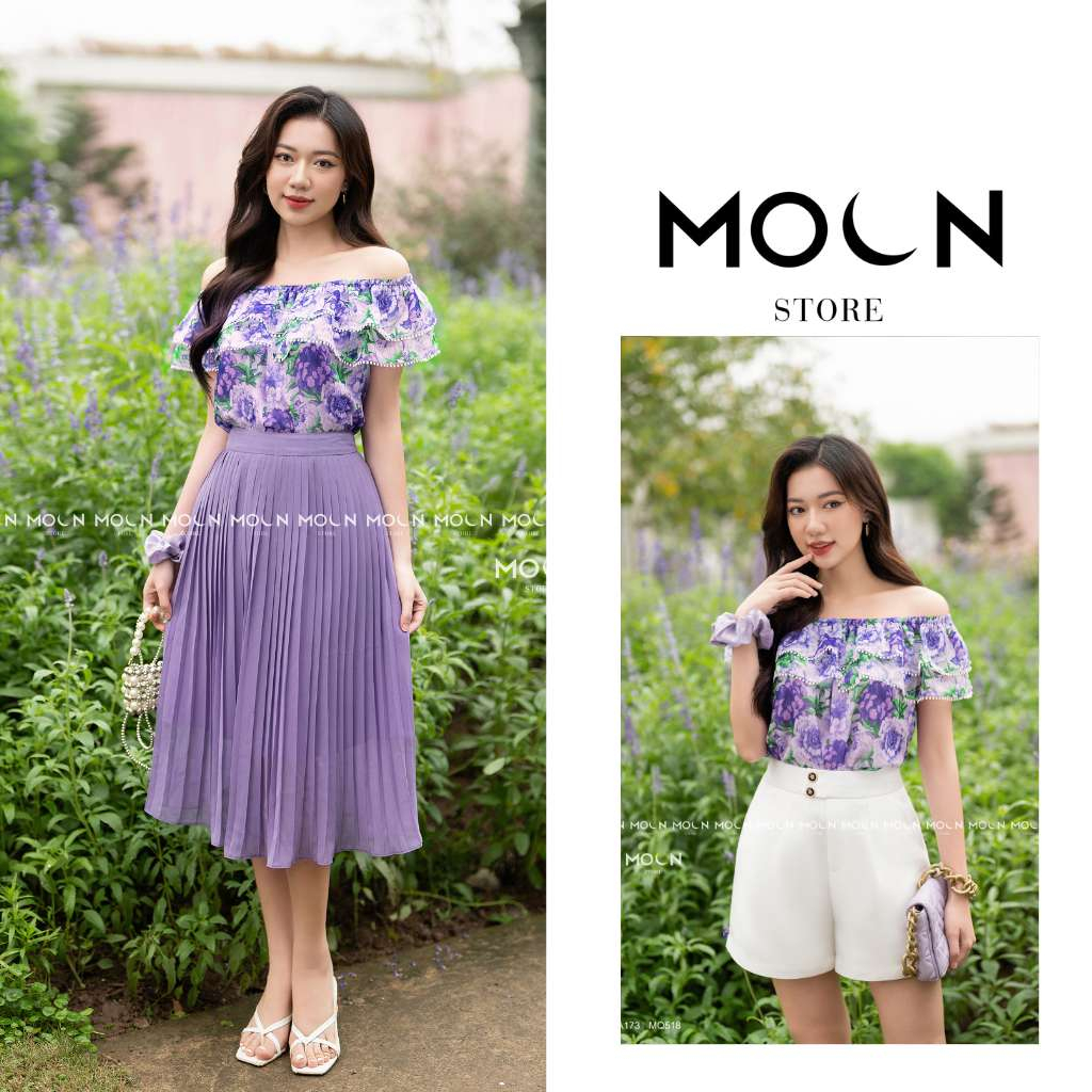 Quần áo chân váy công sở bán lẻ, áo chất tơ trễ vai mix chân váy chiffon mỏng, quần tafta MA173-MC