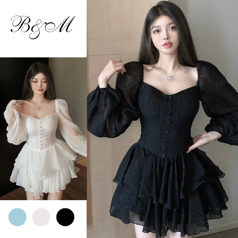 Đầm váy nữ B&M dáng ngắn xếp ly tay phồng tiểu thư chất cotton kết hợp voan nhẹ nhàng