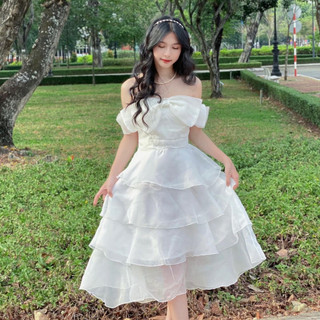 Đầm voan tơ bigsize phối nơ trễ vai dáng xòe tầng bánh bèo dễ thương ( Thời trang Vicky G - Anitagreen ) HN0423