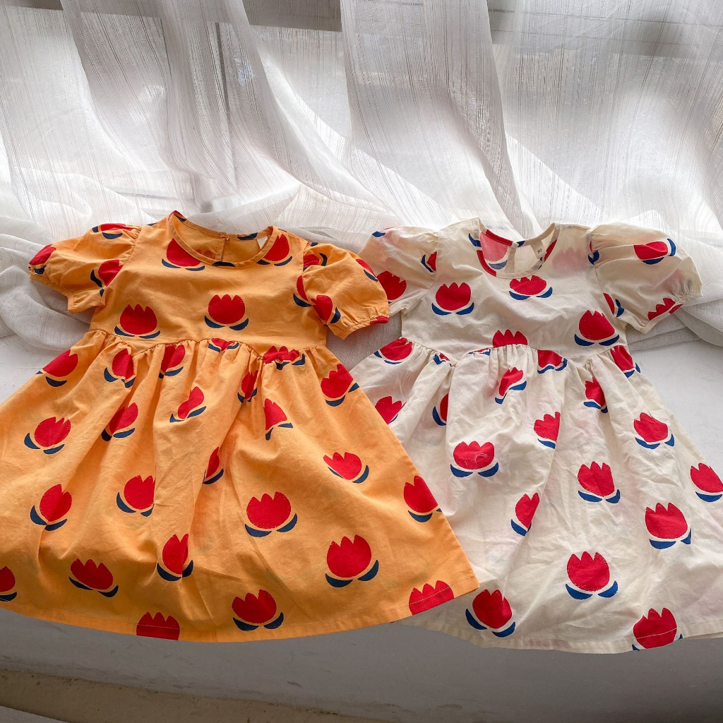 Đầm babydoll thô hoạ tiết phong cách Hàn Quốc cho bé