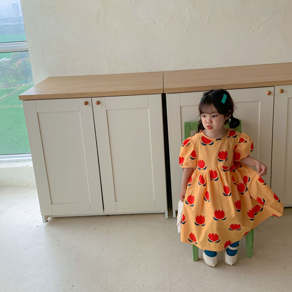 Đầm babydoll thô hoạ tiết phong cách Hàn Quốc cho bé
