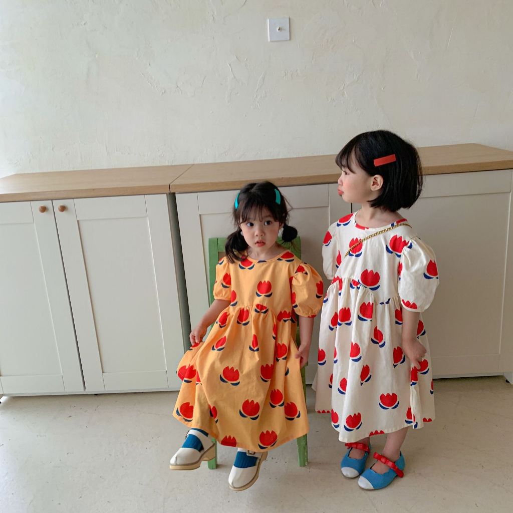 Đầm babydoll thô hoạ tiết phong cách Hàn Quốc cho bé