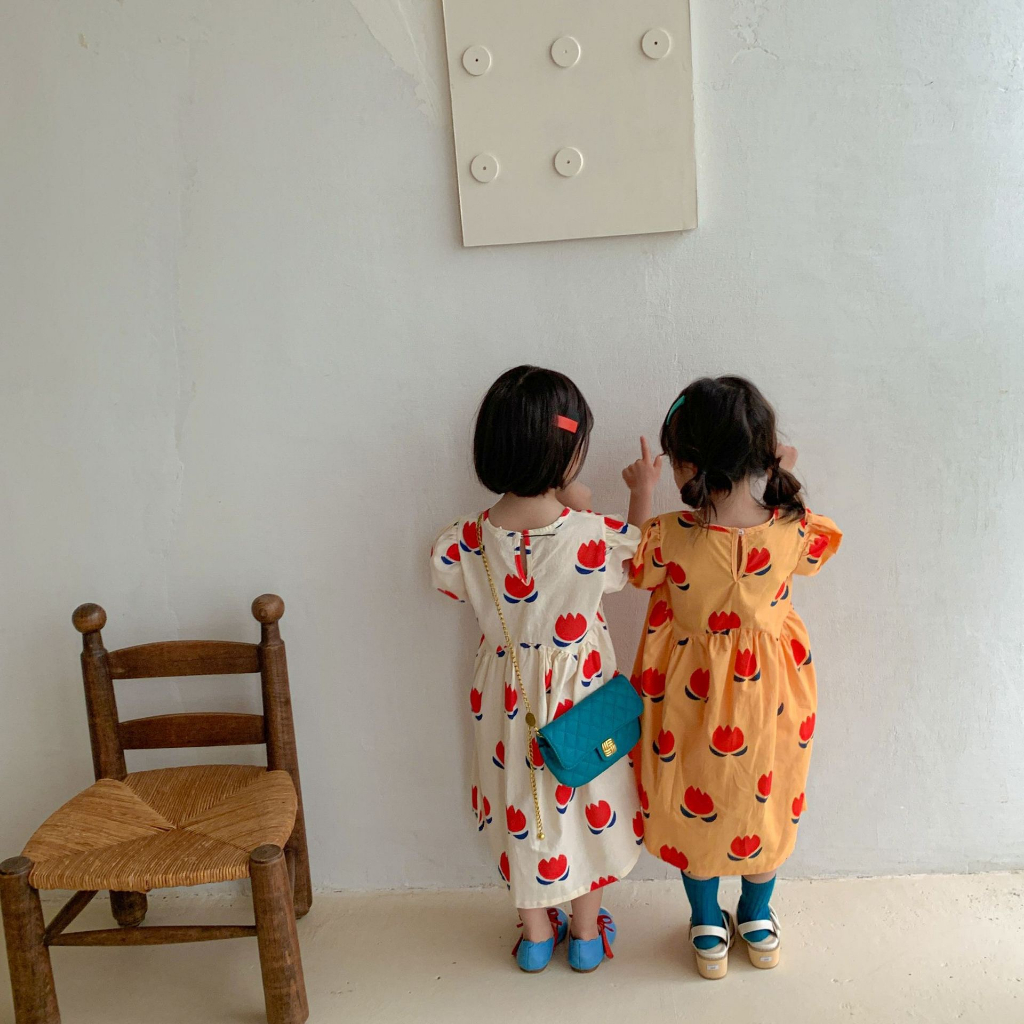 Đầm babydoll thô hoạ tiết phong cách Hàn Quốc cho bé